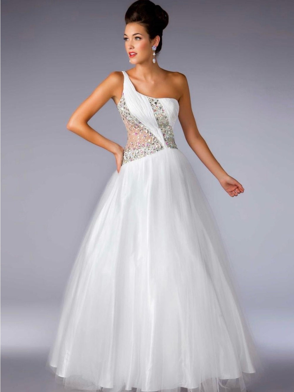 Mac Duggal White One-Shoulder Beaded Ball Gown